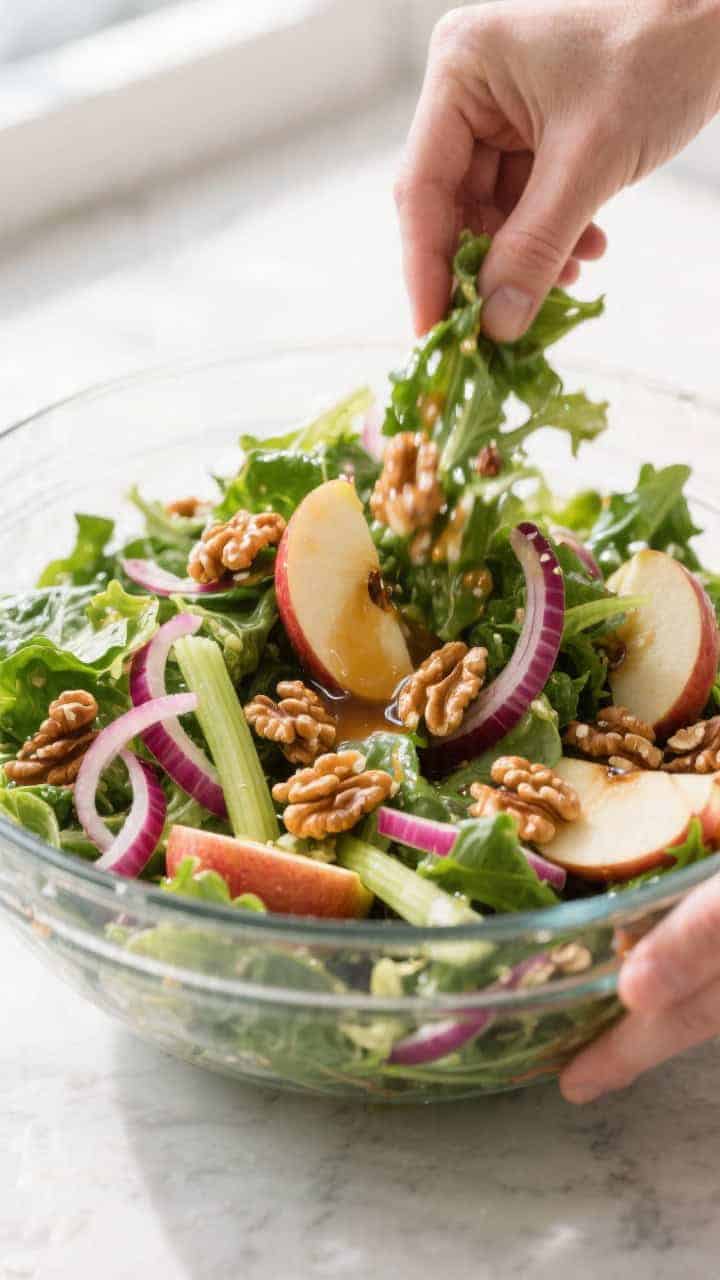 Cooking process: Quick Apple Walnut Salad being tossed in a large glass bowl—mixed greens lightly