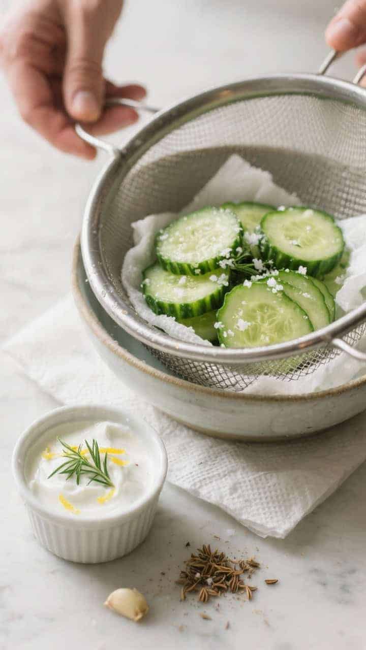 Cooking process: Step showing salted cucumber slices draining in a fine-mesh colander set over a bow