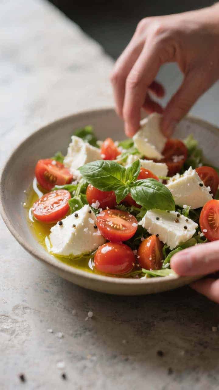 Cooking process: The salad being assembled—torn mozzarella and halved cherry tomatoes being gently
