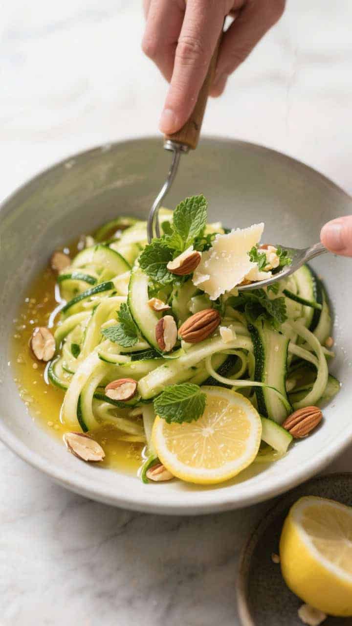 Cooking process: Zucchini ribbon salad being gently tossed by utensils in a wide mixing bowl, two-th