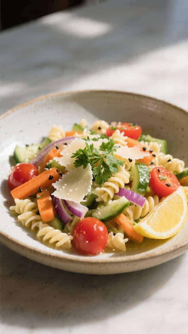 Final dish presentation: Beautifully plated Cold Veggie Rotini Salad in a wide, shallow ceramic bowl