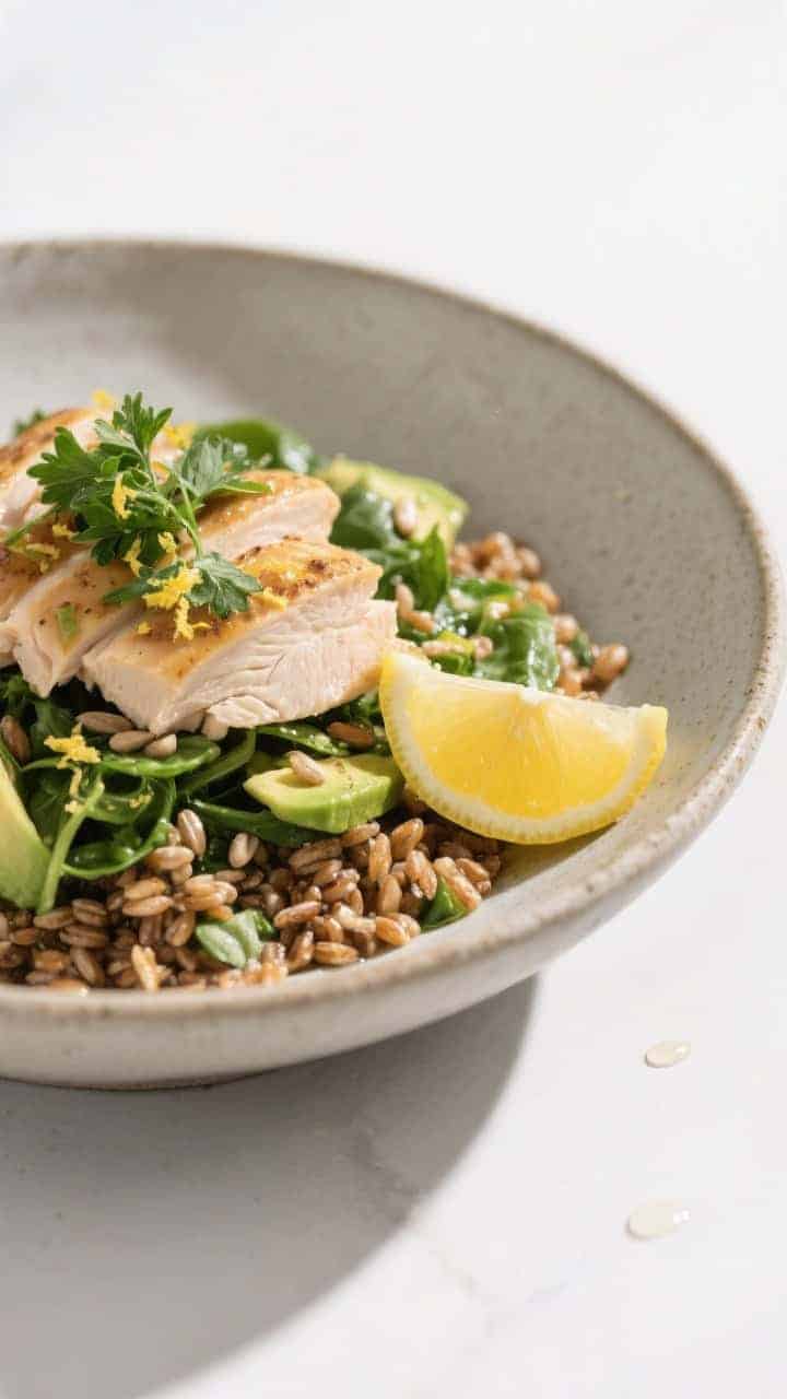 Final dish presentation: Restaurant-quality plated bowl in a shallow stoneware dish, warm grains and