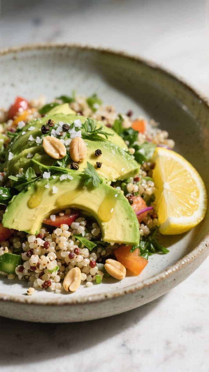 Final dish presentation: Restaurant-quality plated portion of Quinoa Avocado Power Salad in a shallo