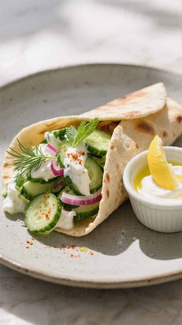Final dish presentation: Restaurant-quality plating of cucumber yogurt salad tucked into a warm pita