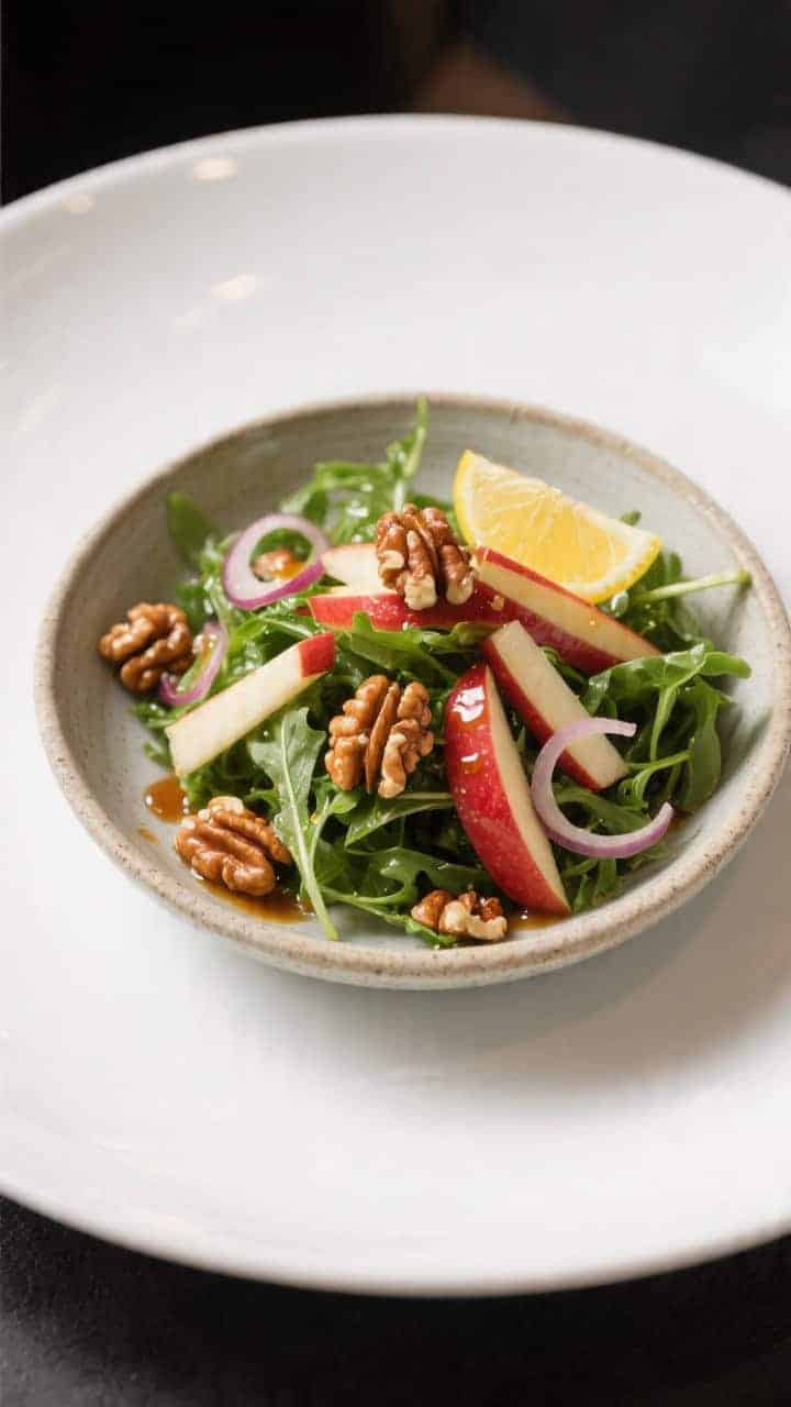 Final dish presentation: Restaurant-quality plating of the salad in a shallow stoneware bowl—arugu