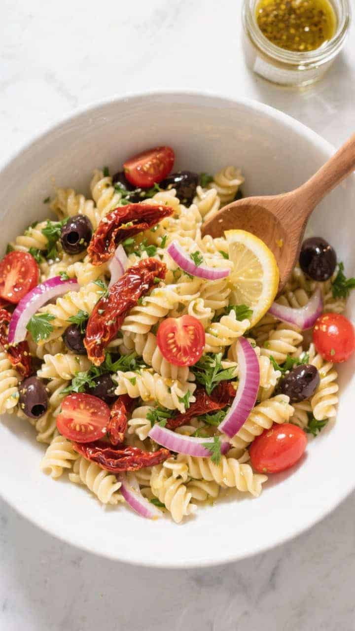 Overhead “toss the base” shot: of the pasta salad mid-toss in a wide white mixing bowl—fusilli