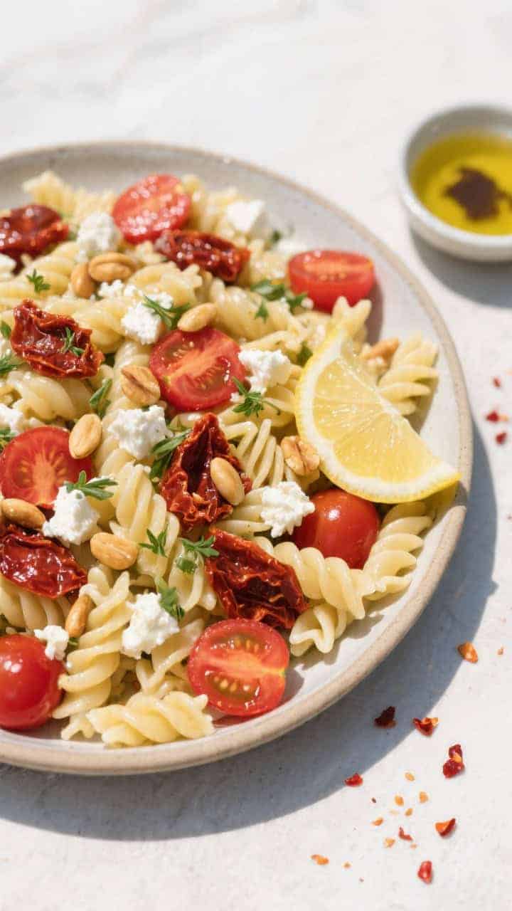 Tasty top view for serving: Picnic-ready overhead scene of the finished pasta salad in a shallow ser
