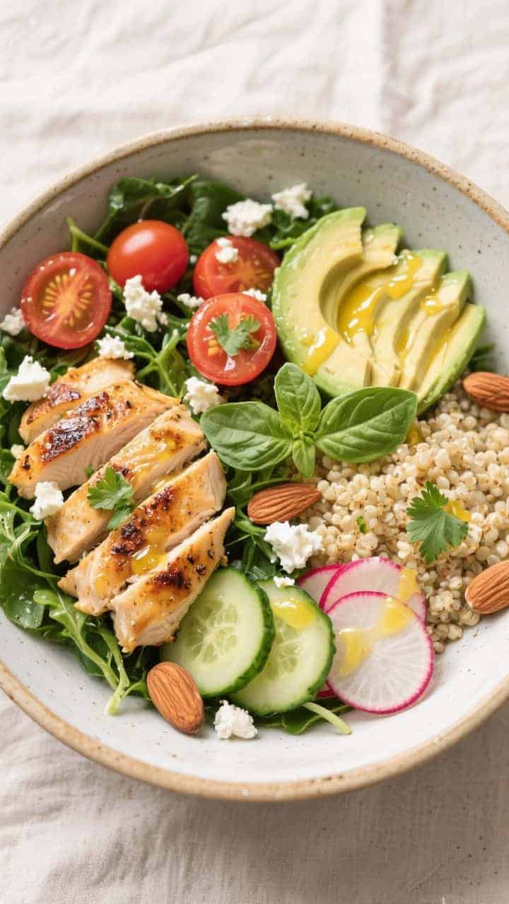 Tasty top view: Overhead shot of assembled Grilled Chicken and Greens Bowl—mixed greens lightly dr