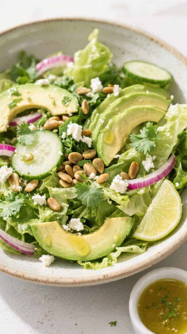 Tasty top view: Overhead shot of the assembled Avocado Lime Lettuce Salad in a wide shallow ceramic 