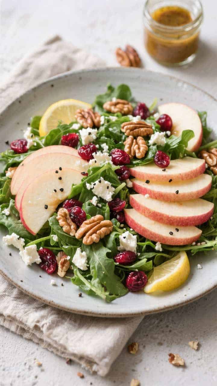 Tasty top view: Overhead shot of the finished Quick Apple Walnut Salad on a wide, matte ceramic plat