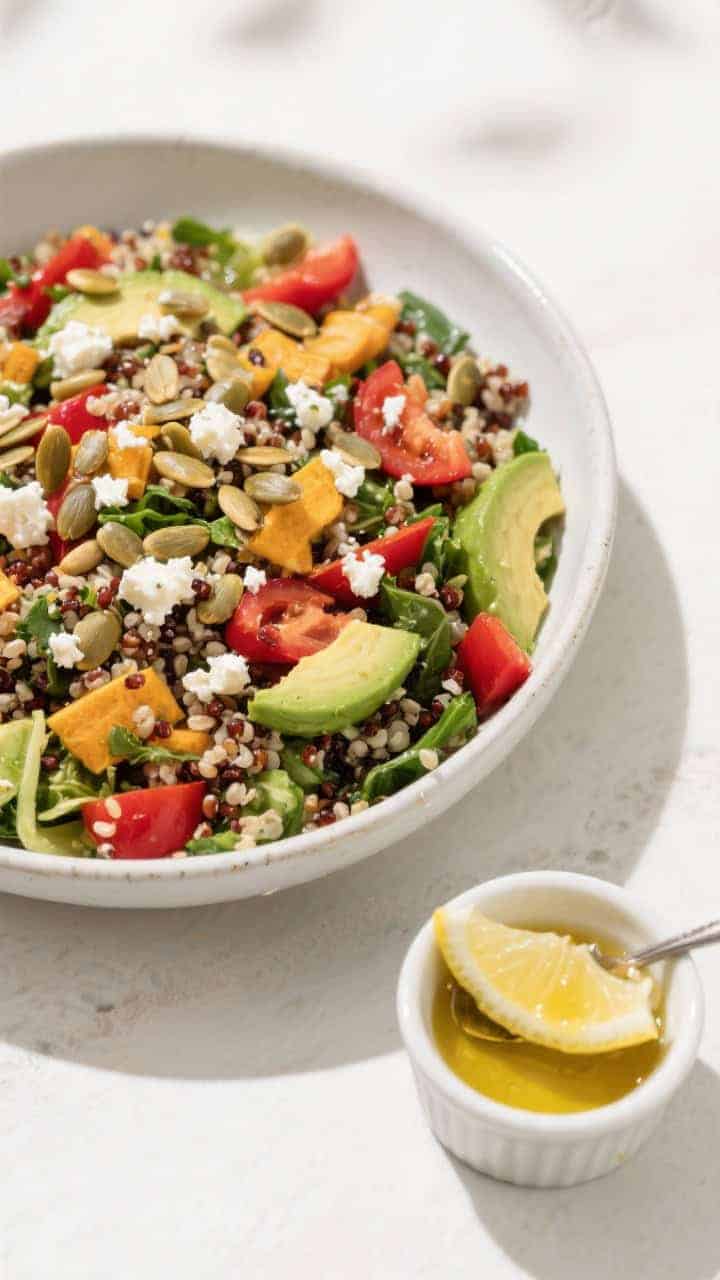 Tasty top view: Overhead shot of the finished Quinoa Avocado Power Salad in a wide, white ceramic bo