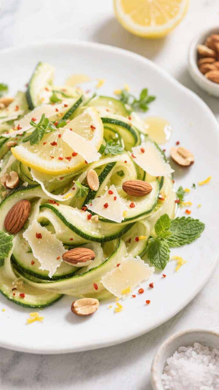 Tasty top view: Overhead shot of the finished Zucchini Ribbon Salad with Lemon on a matte white plat