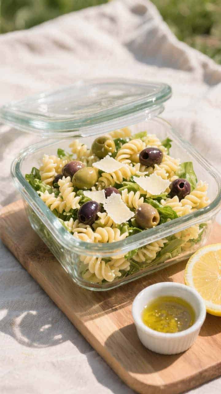 Tasty top view: Picnic-ready top-down scene of the chilled salad in a lidded glass container, freshl