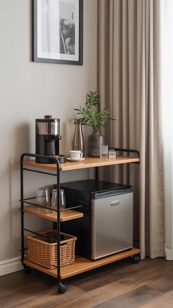 rolling coffee bar cart with mini fridge on lower shelf in stylish apartment