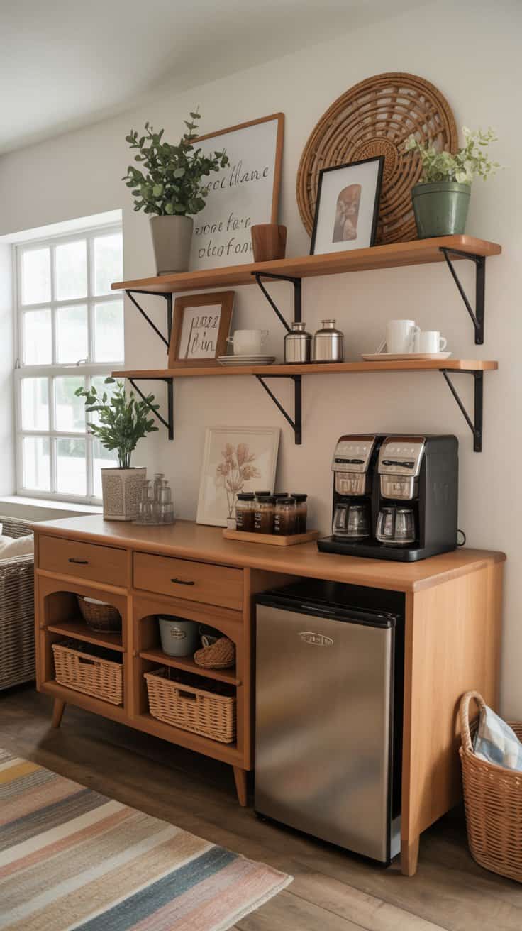 rustic farmhouse coffee station with wooden sideboard and mini fridge