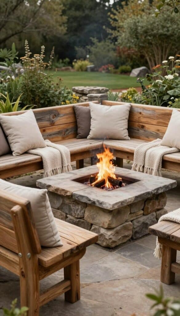 rustic wooden bench seating with cushions and throws around backyard fire pit