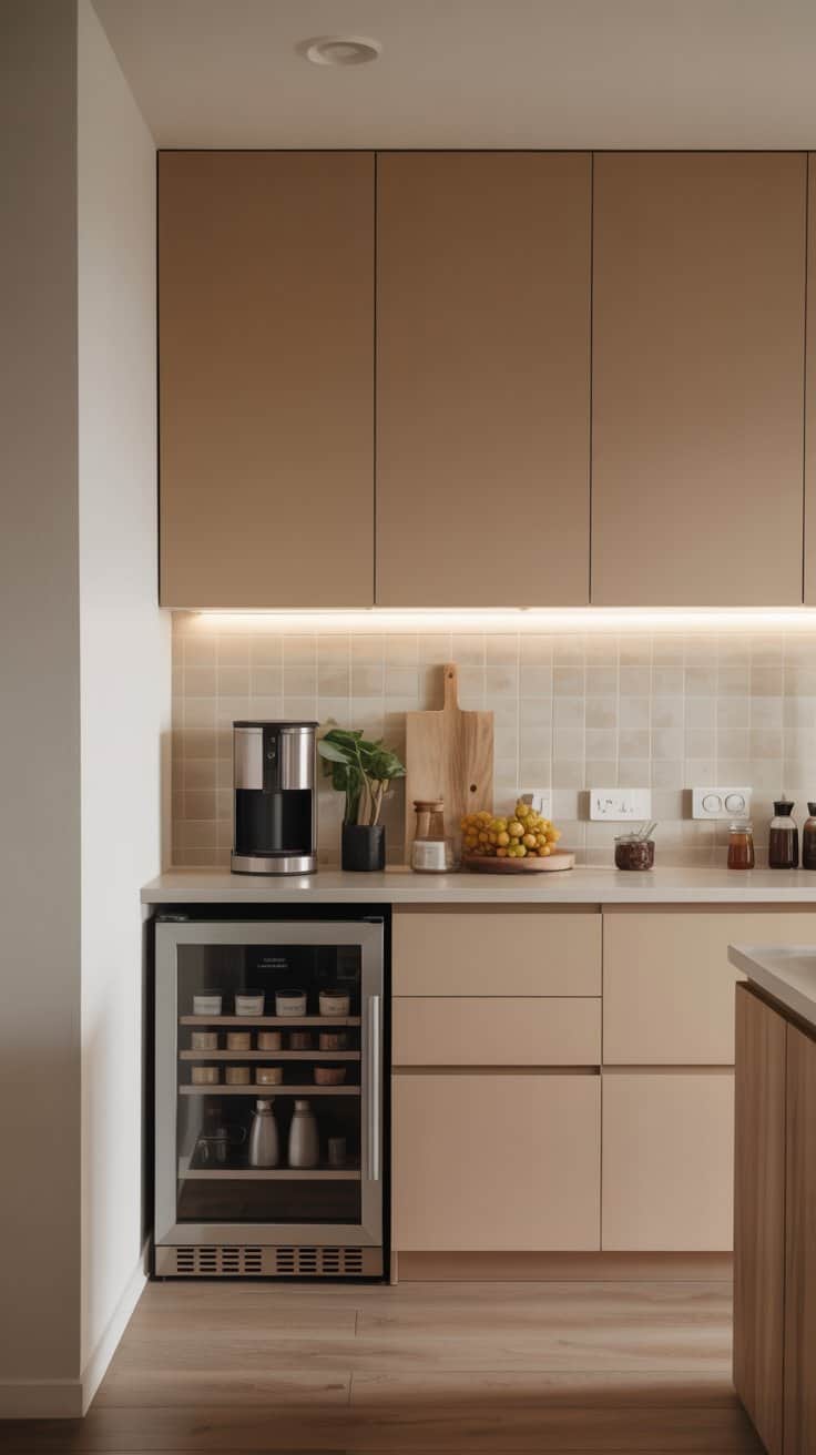 seamless built-in cabinet coffee station with integrated mini fridge in minimalist kitchen