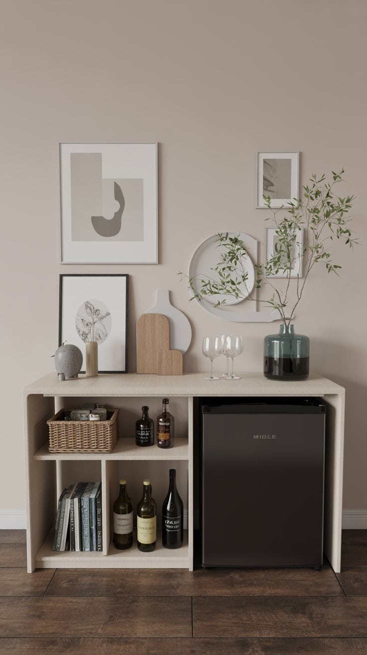 slim console table coffee bar with mini fridge in dining room