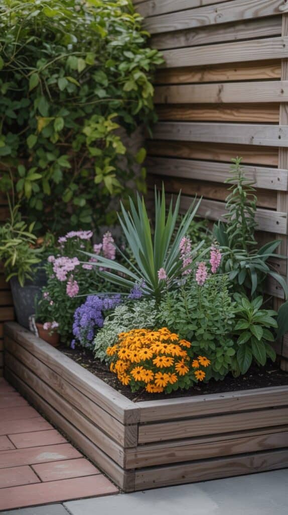 Small corner flower bed with layered plants and bright flowers in a compact garden