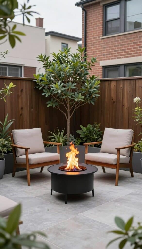 small fire pit tucked into corner with intimate seating arrangement