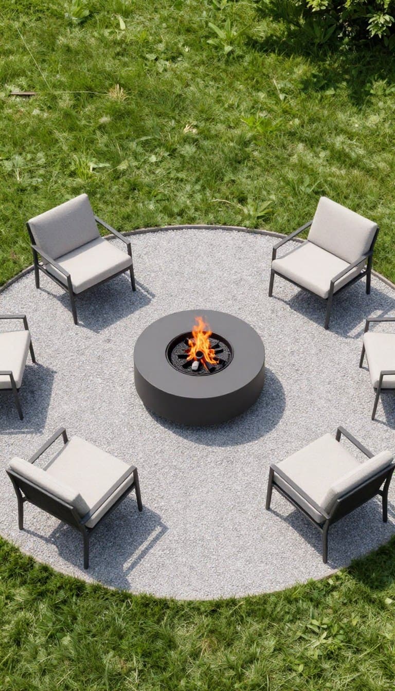 small garden with central fire pit and minimal surrounding furniture showcasing open space design