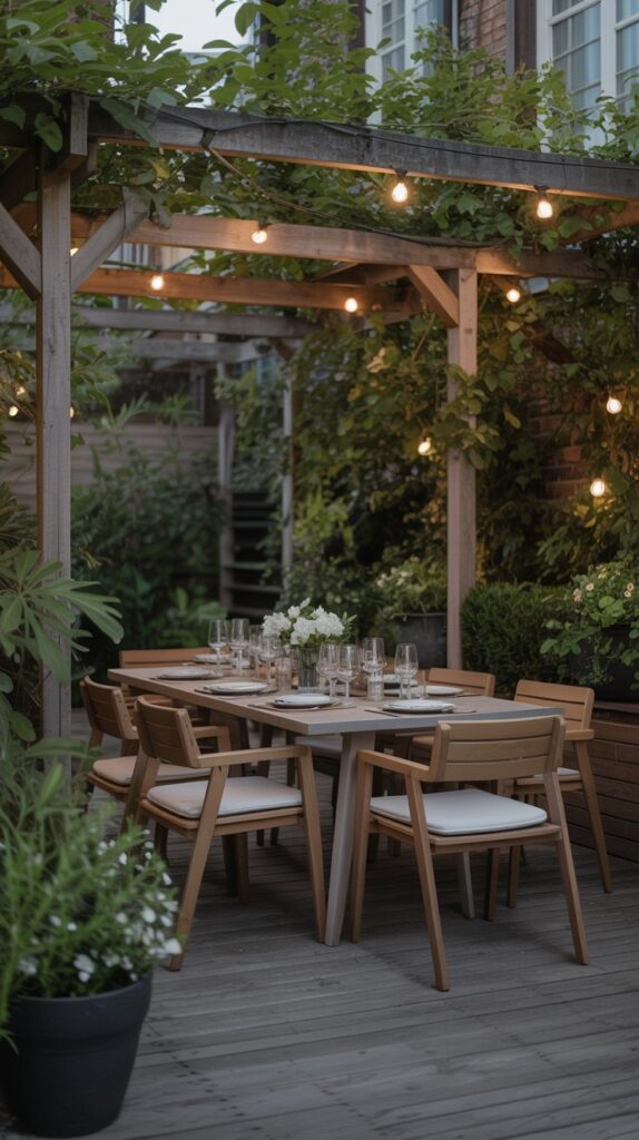 Small outdoor dining table placed in a tucked away garden corner surrounded by greenery and soft lighting for secret garden outdoor dining ideas