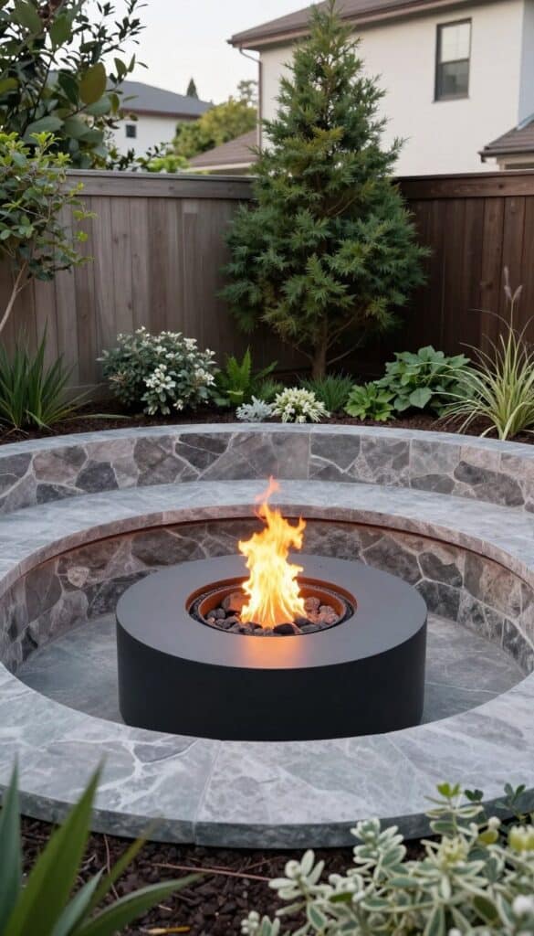 small sunken fire pit area with surrounding stone seating and landscaping