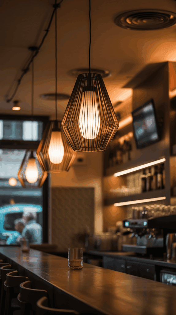 Stylish pendant lights hanging above a coffee bar with a warm cozy ambiance
