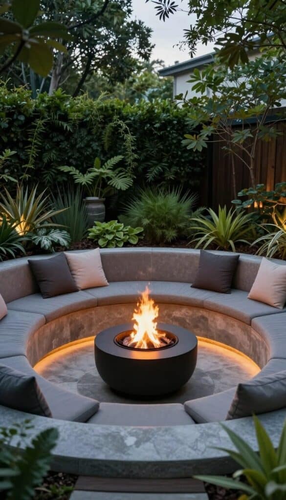 sunken fire pit seating area with surrounding cushions creating intimate backyard retreat