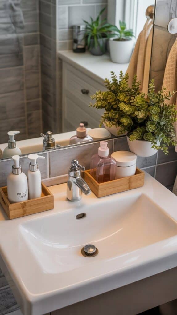 Tidy bathroom sink area with organized essentials and a clean morning routine setup for home organization