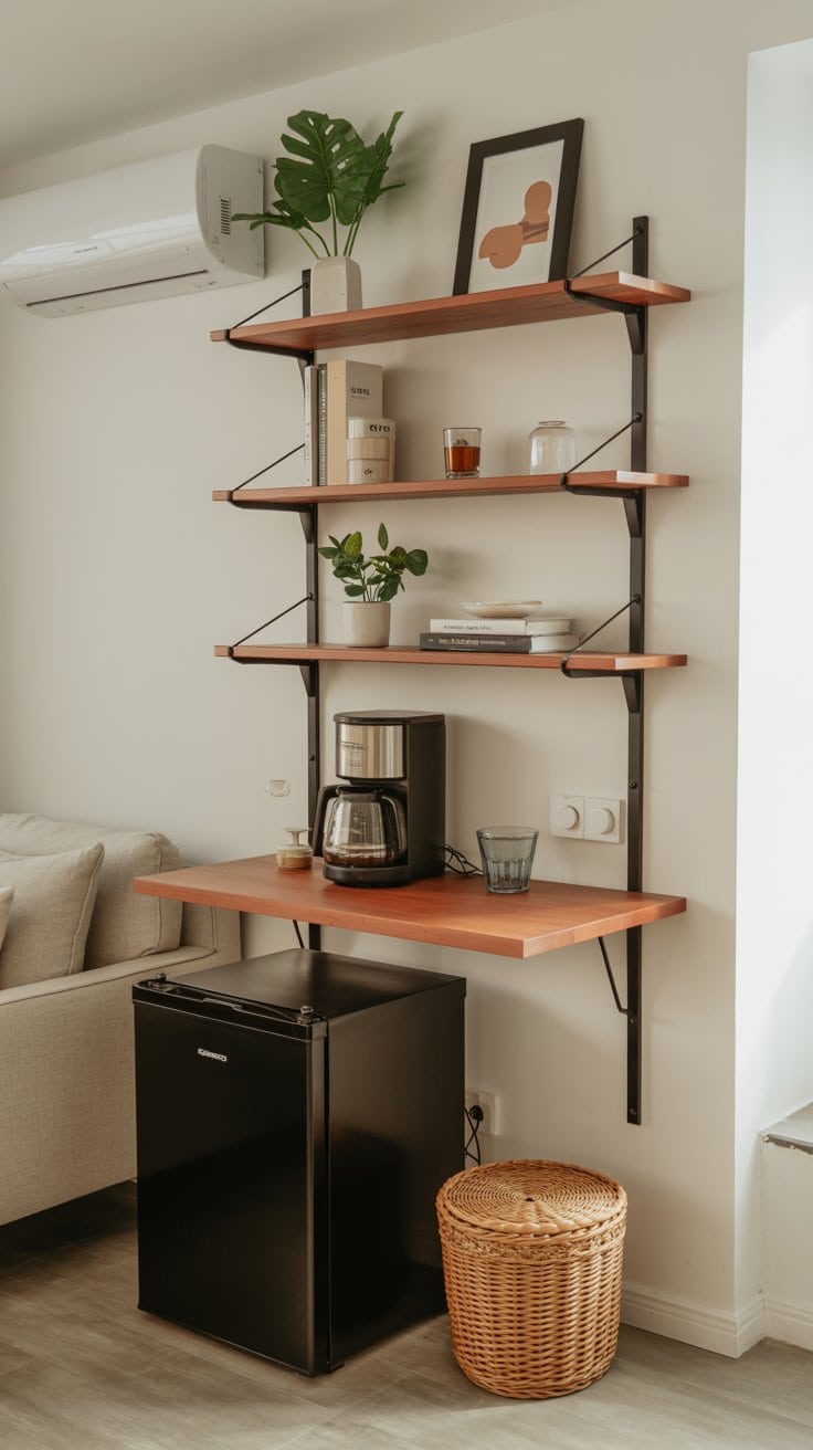 vertical coffee shelf setup with mini fridge in studio apartment