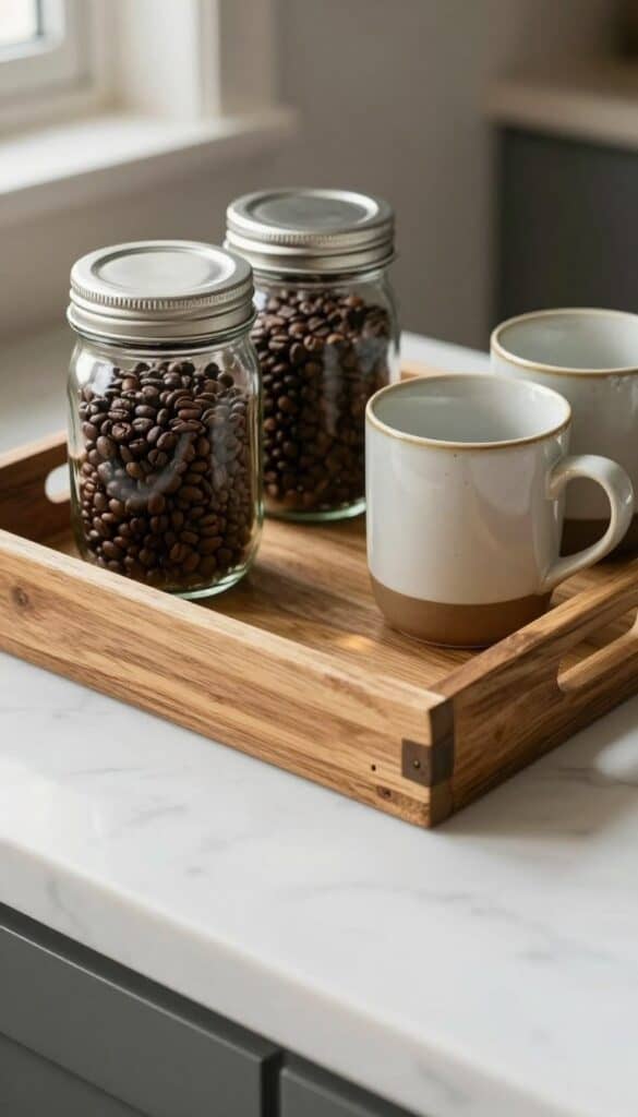 wooden coffee bar tray adding warmth to kitchen counter space with glass jars