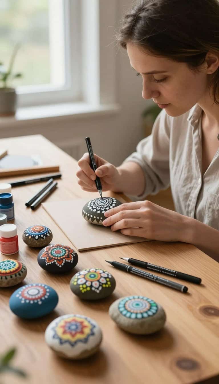 Adult woman peacefully painting decorative rocks on a cozy wooden table surrounded by colorful paint pens and finished painted stones
