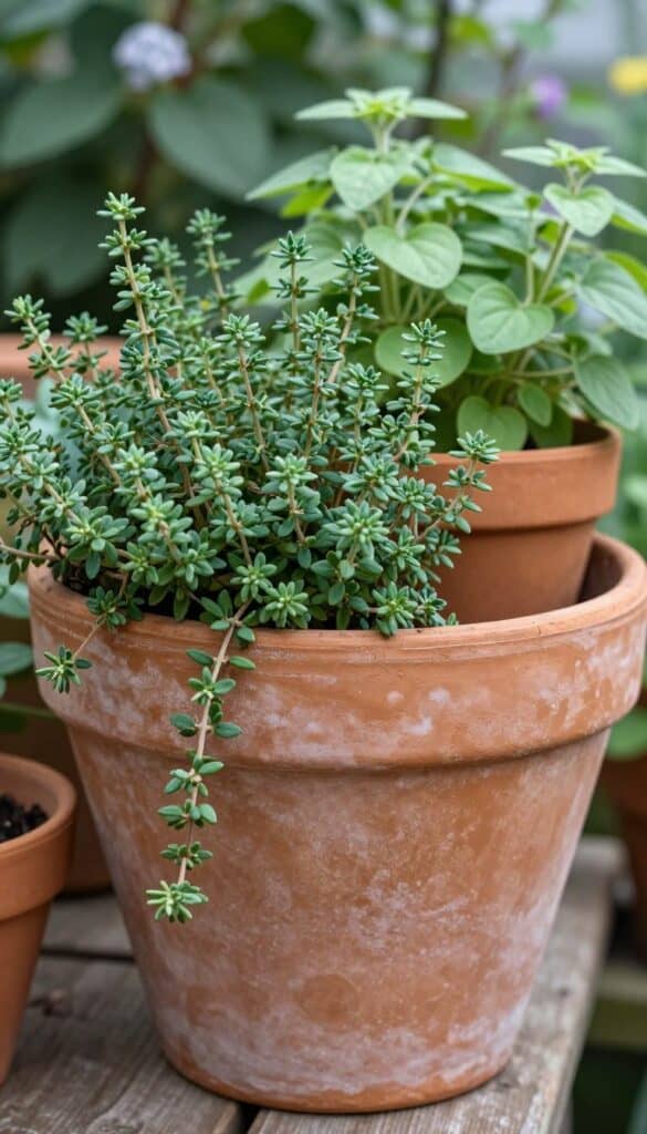Aged terracotta pots with trailing thyme and oregano spilling over edges naturally Aged terracotta pots with trailing thyme and oregano spilling naturally over the edges