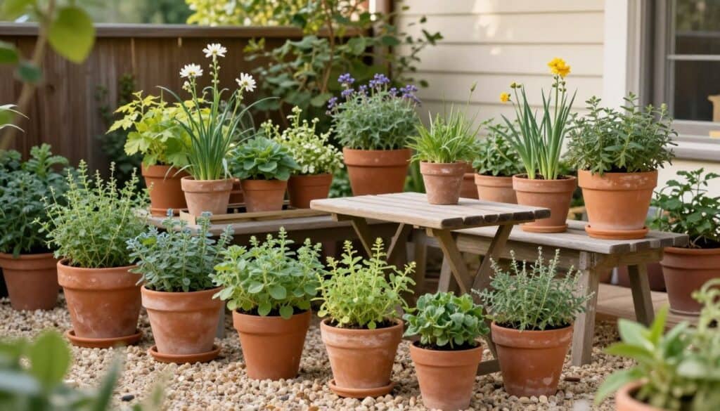 Beautiful complete small herb garden with multiple terracotta pots, seating area, and lush herbs on compact patio Beautiful complete small herb garden with terracotta pots, seating area and lush herbs on a compact patio