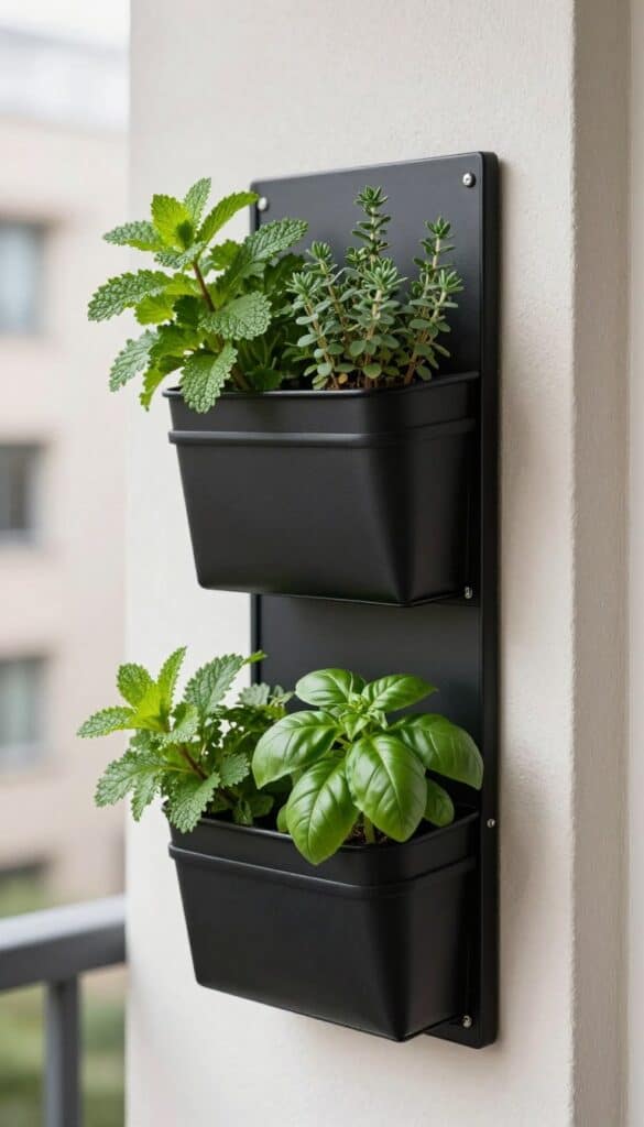 Black metal vertical wall planter with pockets filled with mint, parsley, thyme, and basil Black metal vertical wall planter filled with mint, parsley, thyme and basil