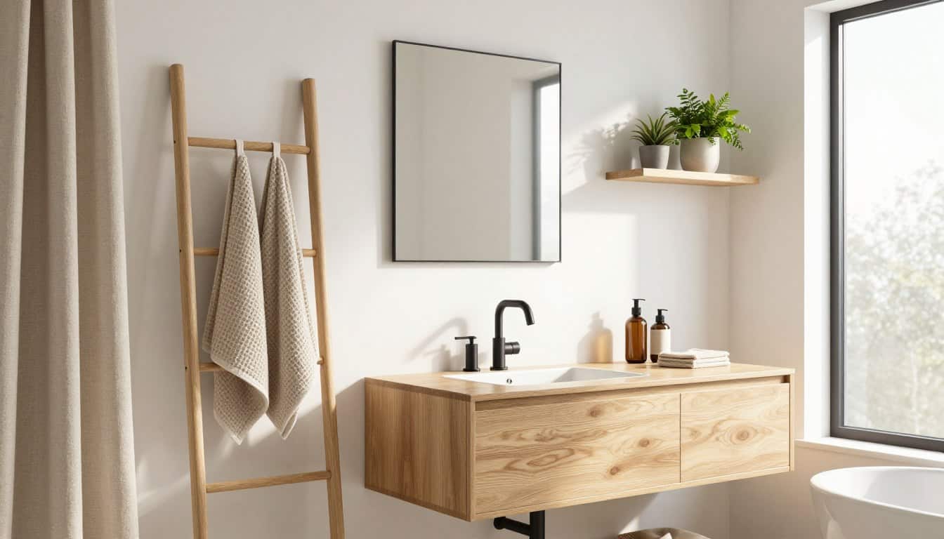 Bright scandinavian bathroom with warm neutral walls, light oak vanity, matte black fixtures, and layered textures