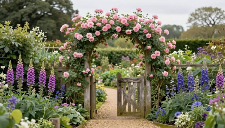 Charming cottage garden gate covered in climbing roses with overflowing flower borders and gravel path