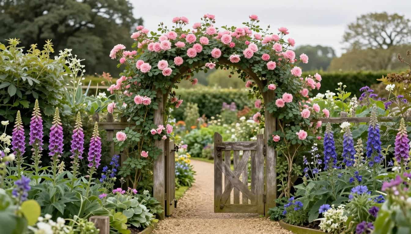 Charming cottage garden gate covered in climbing roses with overflowing flower borders and gravel path