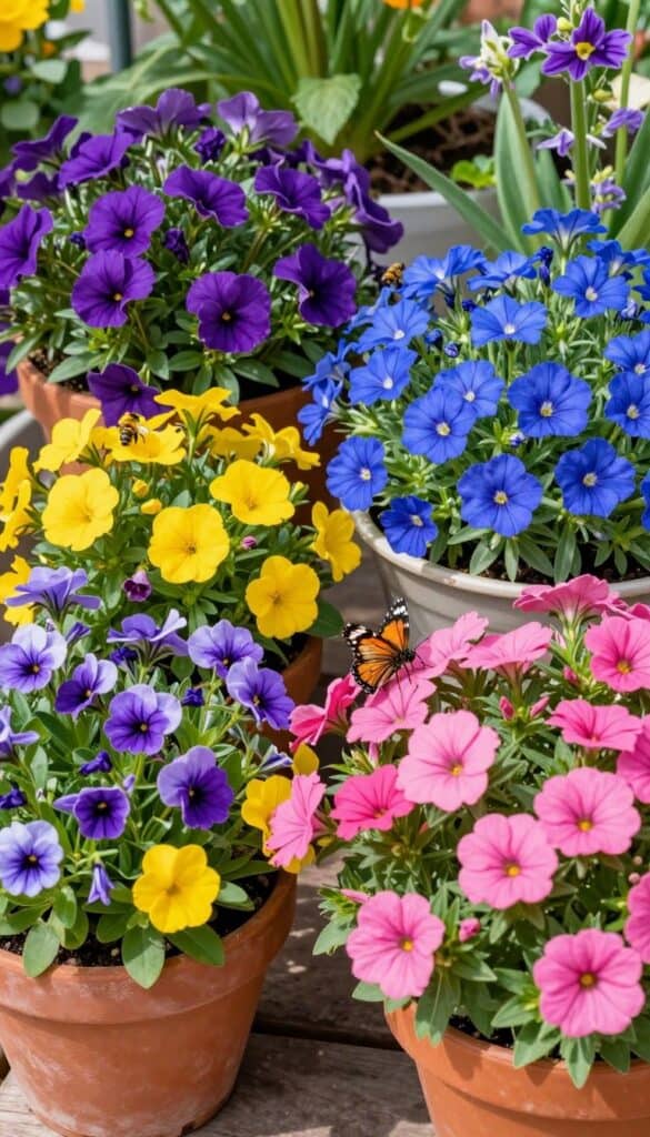 Colorful patio container garden featuring purple, yellow, blue and pink flowers with multiple bees and butterflies feeding