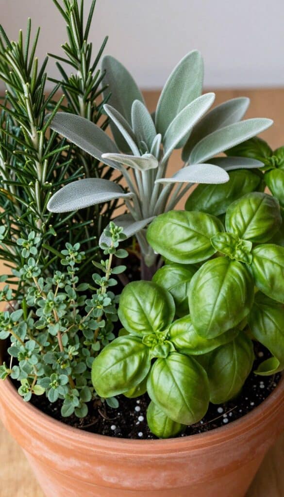 Container arrangement showing contrasting herb textures - spiky rosemary, soft sage, rounded basil, trailing thyme Container arrangement showing contrasting herb textures including rosemary, sage, basil and thyme