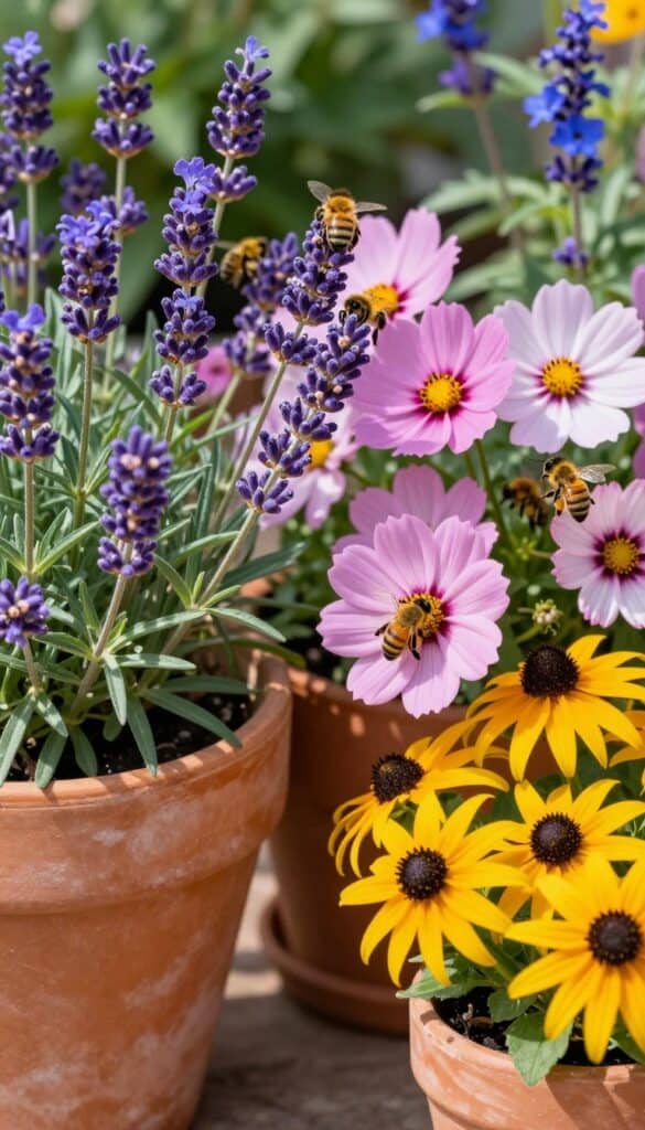 Container garden filled with nectar-rich flowers including purple lavender, pink cosmos, and yellow black-eyed susans with bees feeding