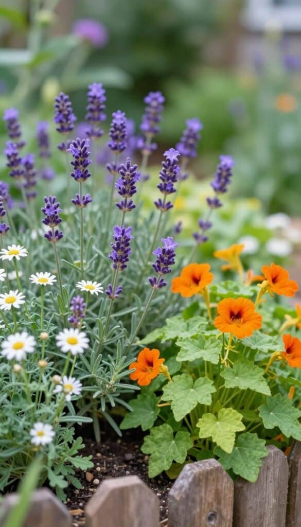 Cottage garden bed mixing lavender, chamomile, nasturtiums with culinary herbs Cottage garden bed mixing lavender, chamomile, nasturtiums and culinary herbs