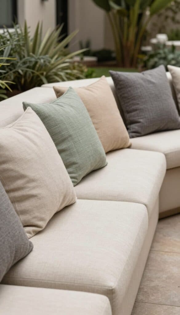 Courtyard bench with layered neutral outdoor cushions in sage and oatmeal tones