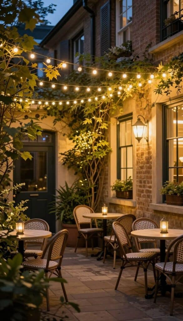 Courtyard seating with warm string lights and lanterns in evening atmosphere