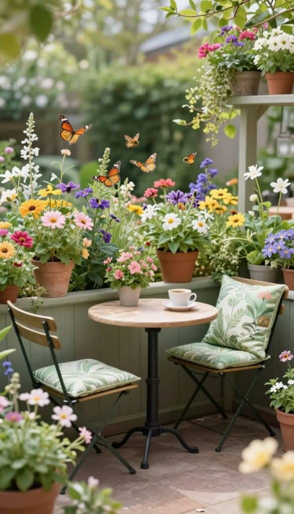 Cozy bistro seating area surrounded by pollinator-friendly container plants with bees and butterflies active around the flowers