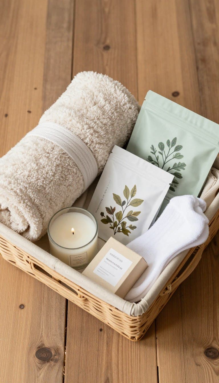 Cozy self care gift basket with candles, soft blanket, and tea on wooden background
