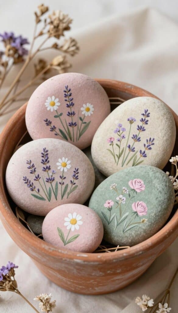 Delicate hand-painted rocks featuring soft cottagecore floral designs with tiny daisies, lavender stems, and wildflowers in pastel colors