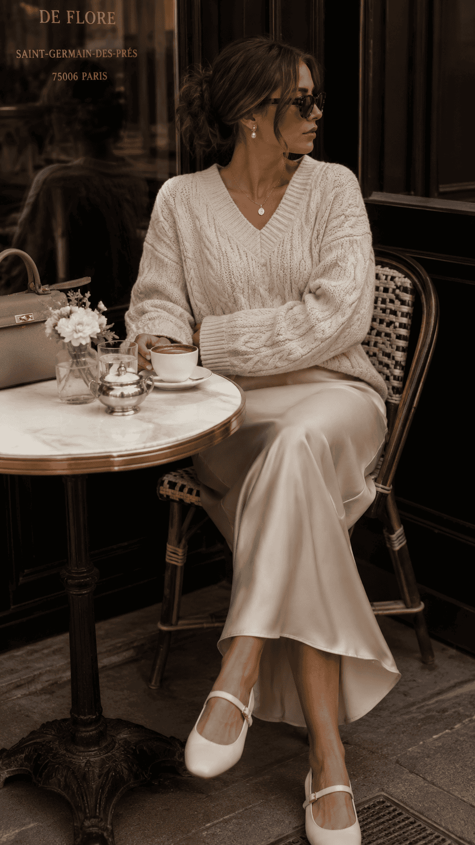 Cozy elegant old money brunch outfit with cable knit sweater, satin slip skirt, Mary Jane flats, and soft luxurious textures