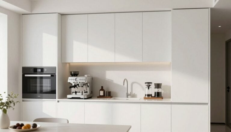 Elegant coffee bar wall cabinets in a modern kitchen with organized coffee station below